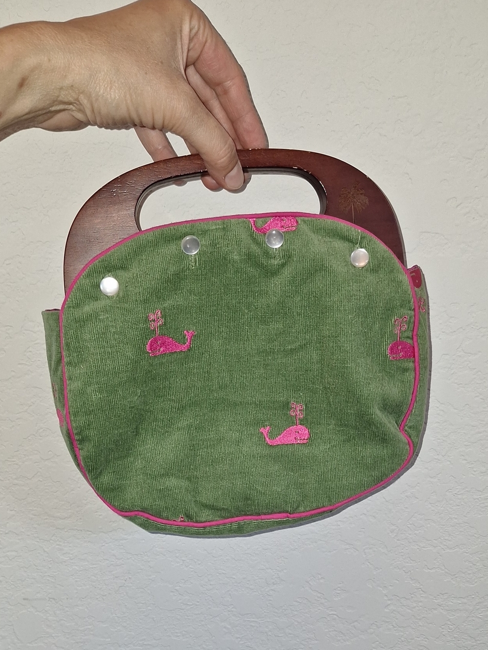 Vintage Lily Pulitzer Burmuda Bag Pink & Green Corduroy Whales Beach Coastal